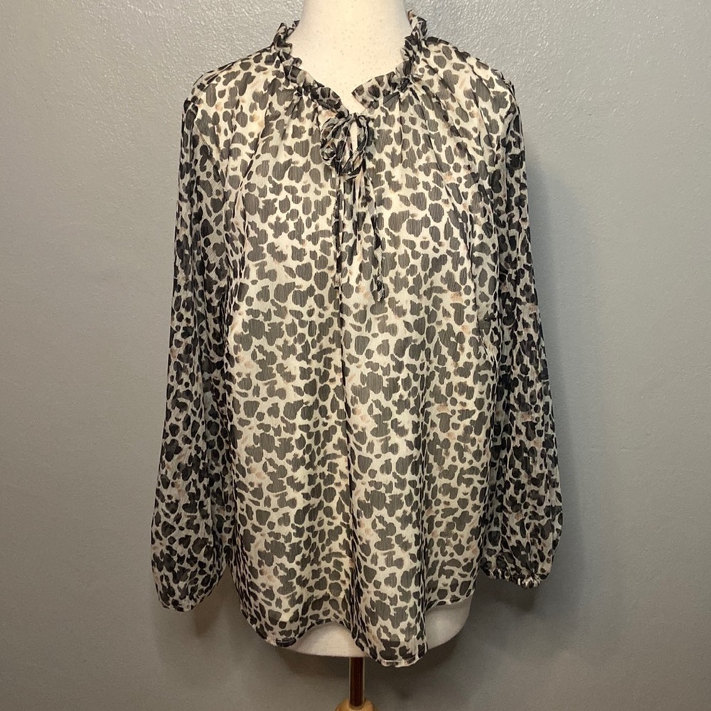 NWT Ava & Viv Long Sleeve Animal Print Blouse Brown Black Cream Size X